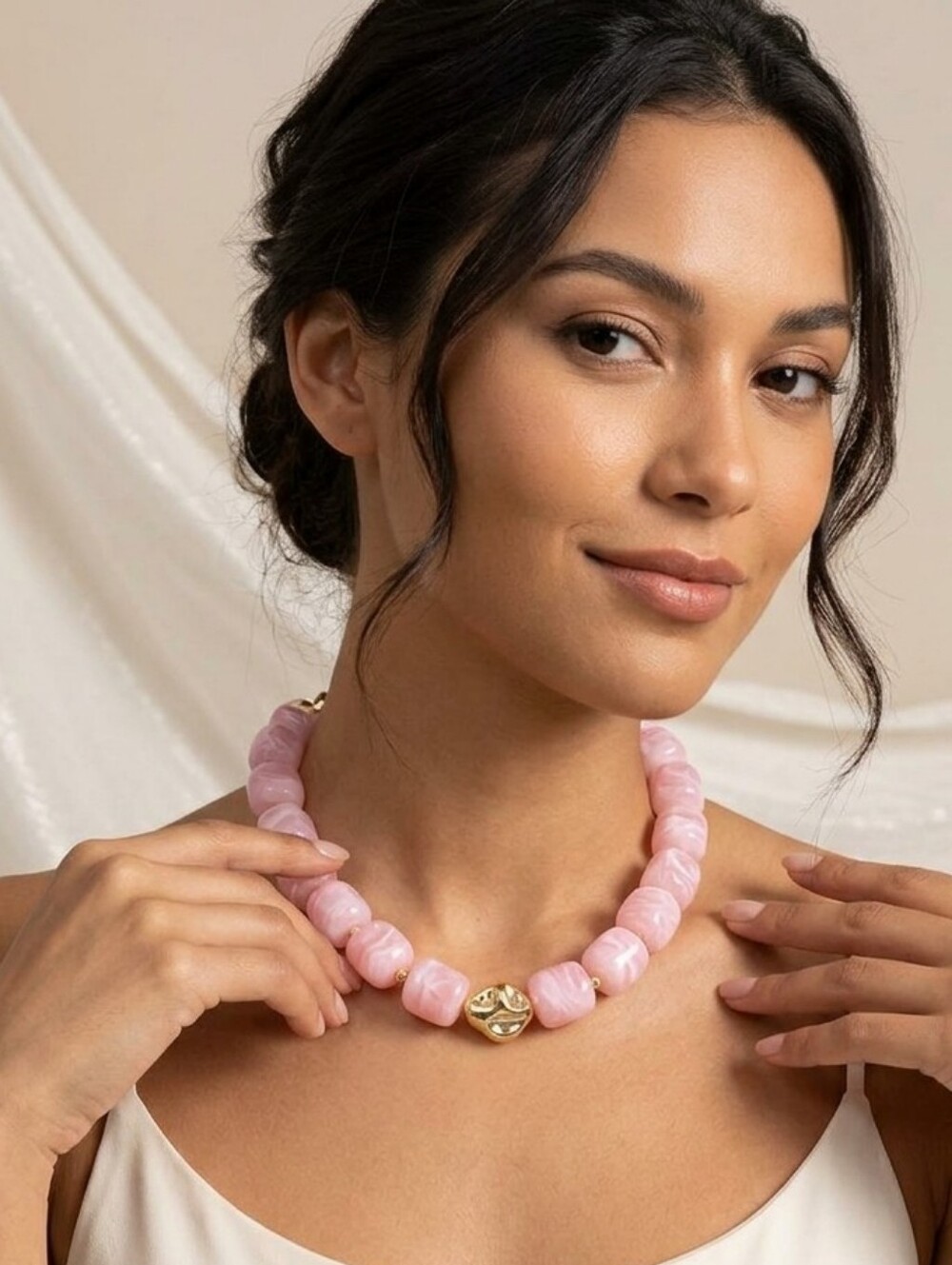 Pink Beaded Necklace with Gold Accent - Women Jewelry